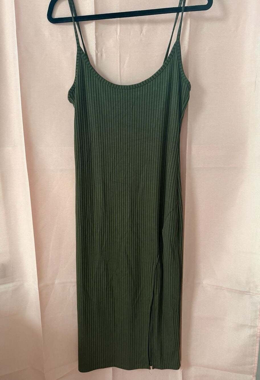 Forever 21 Ribbed Spaghetti Strap Midi Dress with Side Slit in Olive Green
